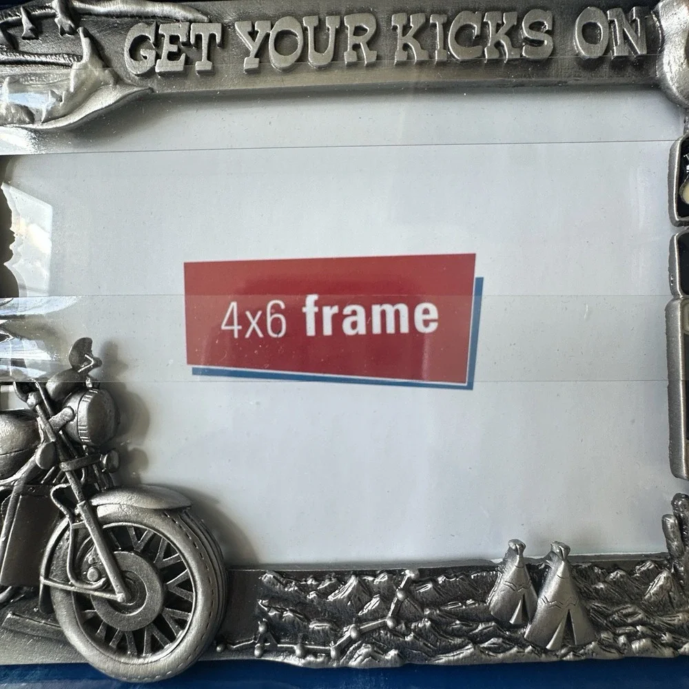 VTG Route 66 Motorcycle Frame Pewter 4x6 Photo 3D Cactus Signs Get Your Kicks On